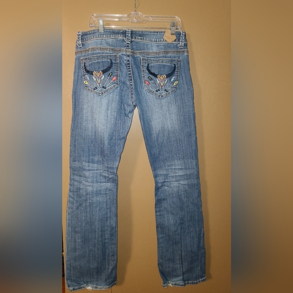 Tin Haul Denim - Tin Haul Women's Blue Boot Cut Jeans with Embroidered Design